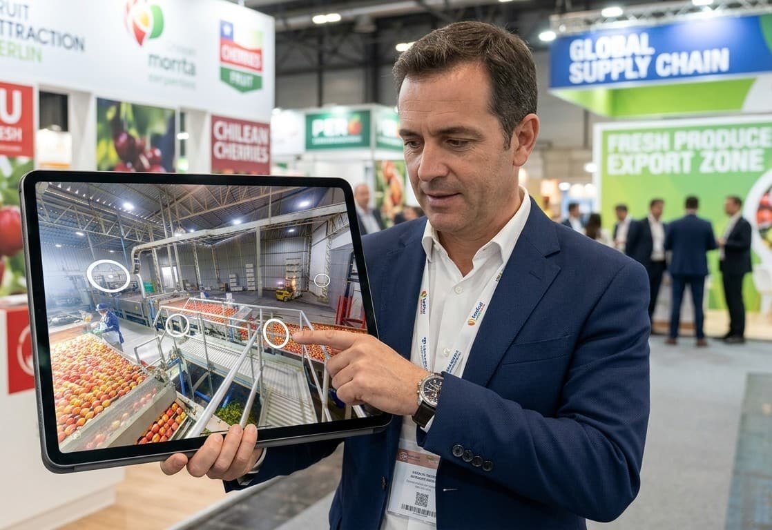 Demostración interactiva del recorrido virtual de una planta frutícola en una tablet.