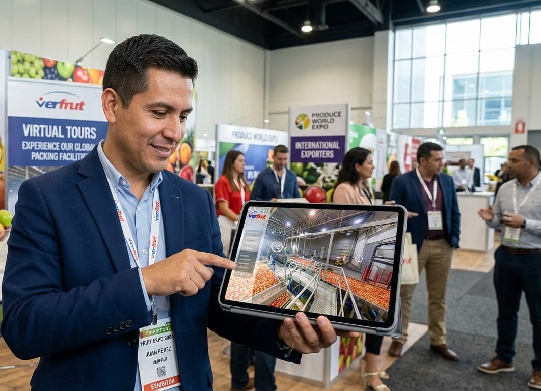 Representante de Verfrut presenta un recorrido virtual 360° en una feria internacional.