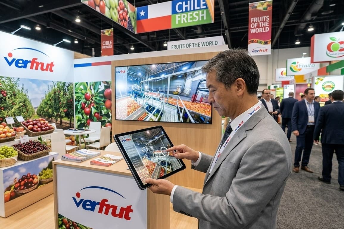 Ejecutivo de Verfrut explora el recorrido virtual de la planta desde el stand de la empresa.
